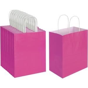 Oikss 100 Pack 8x4.75x10 Inch Medium Hot Pink Kraft Paper Bags with Handles Bulk for Birthday Wedding Party Favors Grocery Retail Shopping Business Goody Craft Gift Bags Sacks (Fuchsia 100pcs Count)
