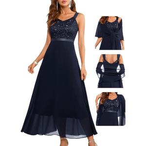 BeryLove Formal Wedding Guest Sequin Prom Dresses Cocktail Evening Lace Elegant Mother of The Bride Dress (Blue, S)