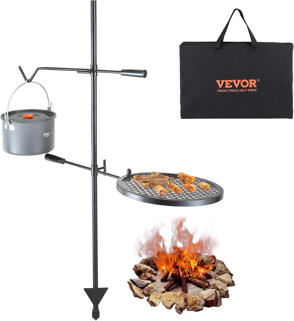 VEVOR Swivel Campfire Grill, Fire Pit Grill Grate over Fire Pits, Heavy Duty Steel Grill Grates, 360 Adjustable Open Fire Outdoor Cooking Equipment, Portable Camp Fire Racks for Camping Outdoor BBQ