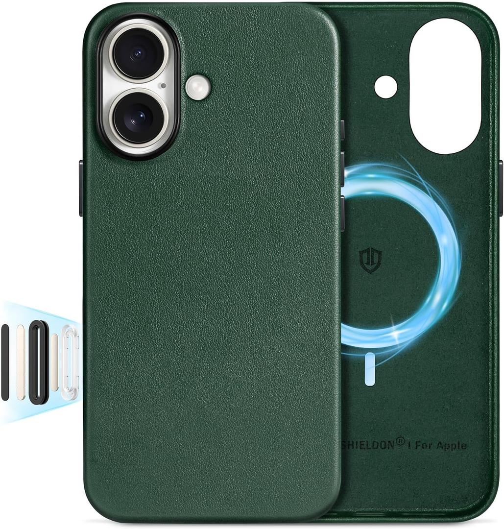 SHIELDON Genuine Leather Case for iPhone 16 6.1", [Camera Button Updated], Compatible with MagSafe, Magnetic Wireless Charging Non-Slip Shockproof Camera Bump Frame Protective Cover - Midnight Green