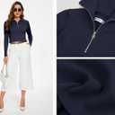 Women's 2024 Fall Quarter Zip Lapel V Neck Long Sleeve Ribbed Knit Casual Slim Pullover Sweater Tops (Blue, S)