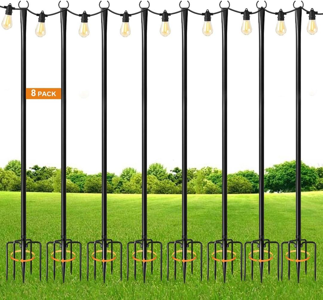 MuliVid All Pack String Light Poles for Outdoor,Metal Light Hanging Pole Outside with Fork,Light Stand for Patio, Pergola, Garden, Backyard, Yard, Camping Party (8 Pack)