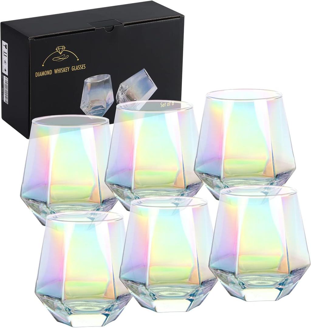 Wine Glasses Set of 6 (10 Oz), Stemless Wine Glass for Red and White Wine, Iridescent Diamond Shaped Glassware for Whiskey, Cocktail, Best Gift Anniversary, Wedding, Housewarming, Birthday