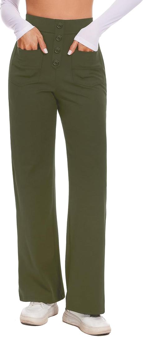 Desol Women's Straight Leg Pants High Waisted Button Stretchy Work Pants Business Casual Work Trousers with Multiple Pockets (X-Large, Olive)