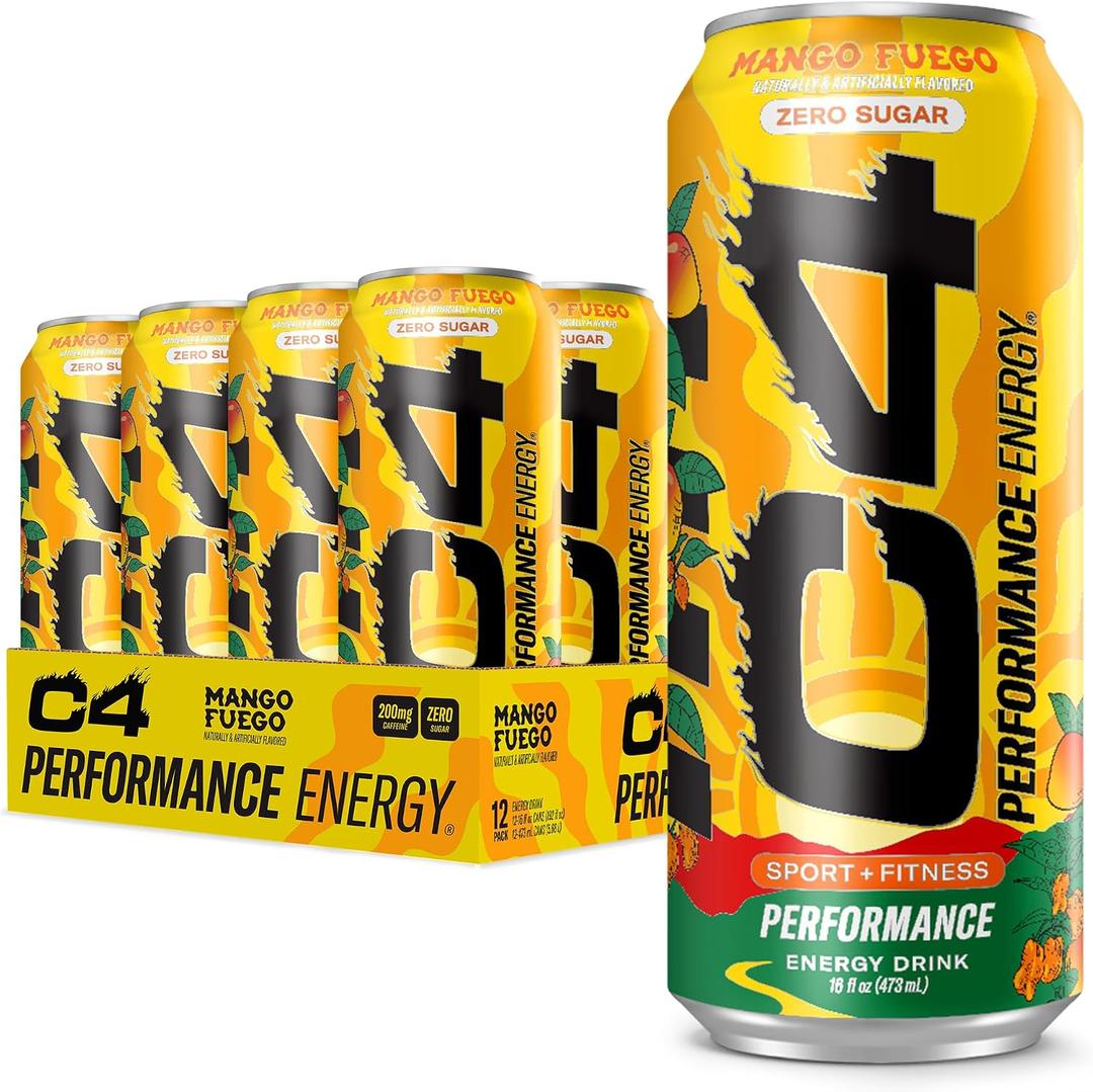 C4 Performance Energy Drink, Mango Fuego, Zero Sugar Carbonated Preworkout Energy, 200mg Caffeine with Beta Alanine, 16 Fl Oz (12 Pack) (EXP 12/01/27)