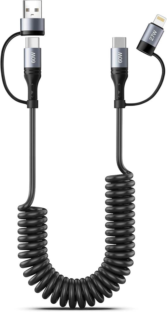 Coiled Lightning Cable 4 in 1 4FT Multi Charging Cable 60W Fast Charging Retractable Car Charger Cord for iPhone 17/16/15/14/13/12/11 Pro Max/XS MAX/XR/XS/X/8/7/6 Plus/iPad/AirPods/MacBook/CarPlay