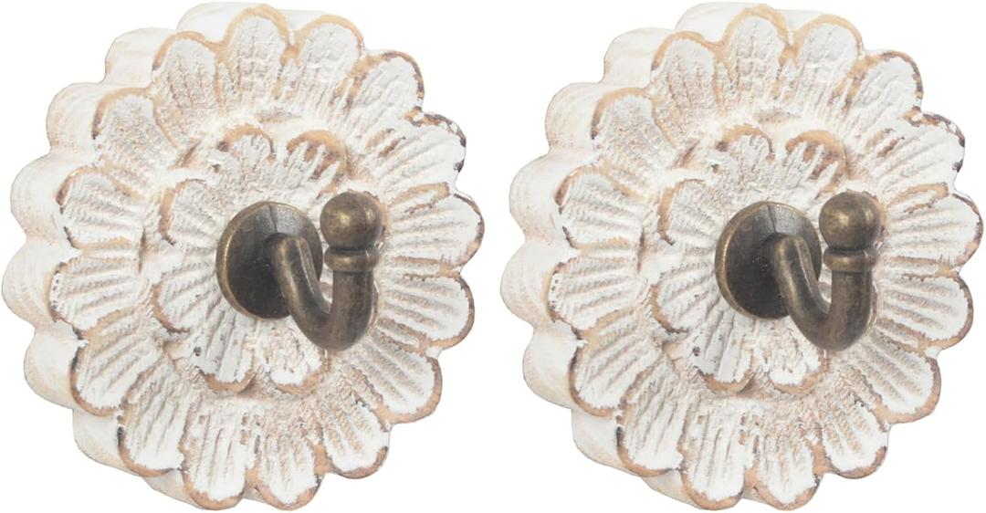 Distress Wood Flower Coat Hooks for Wall Hanging, Single Small Vintage Decorative Hanger for Keys, Bags, Towels (Robe Hanger S/2)