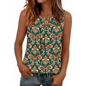 SUNNEGOO Womens Summer Tank Tops Sleeveless Cute Loose Fit Dressy Casual Flowy Blouses Printed Pleated Shirt Trendy Tunic (L)
