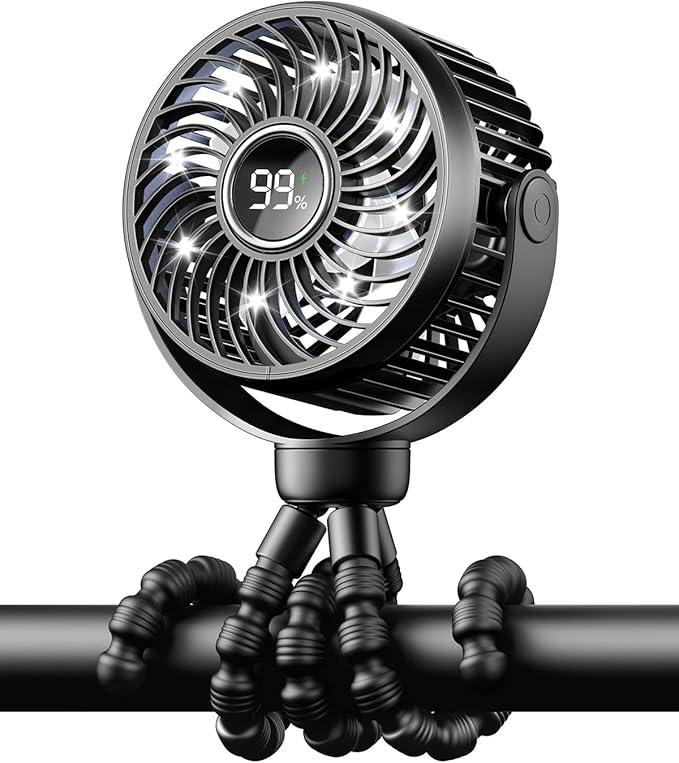 Mini Portable Stroller Fan for Travel,360 Rotation,4-Speed LED Night Light Clip on Fans Operated by Rechargeable Battery, Cordless Fan with Tripod Car Seat Baby Pram (White)