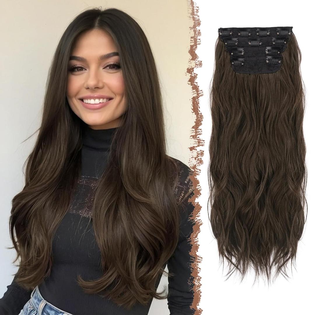 FESHFEN Clip in Hair Extensions for Women - 4 Pcs Thick Double Weft Long Wavy Soft Synthetic Blends Well Hair Extension, 20 inch Dark Brown