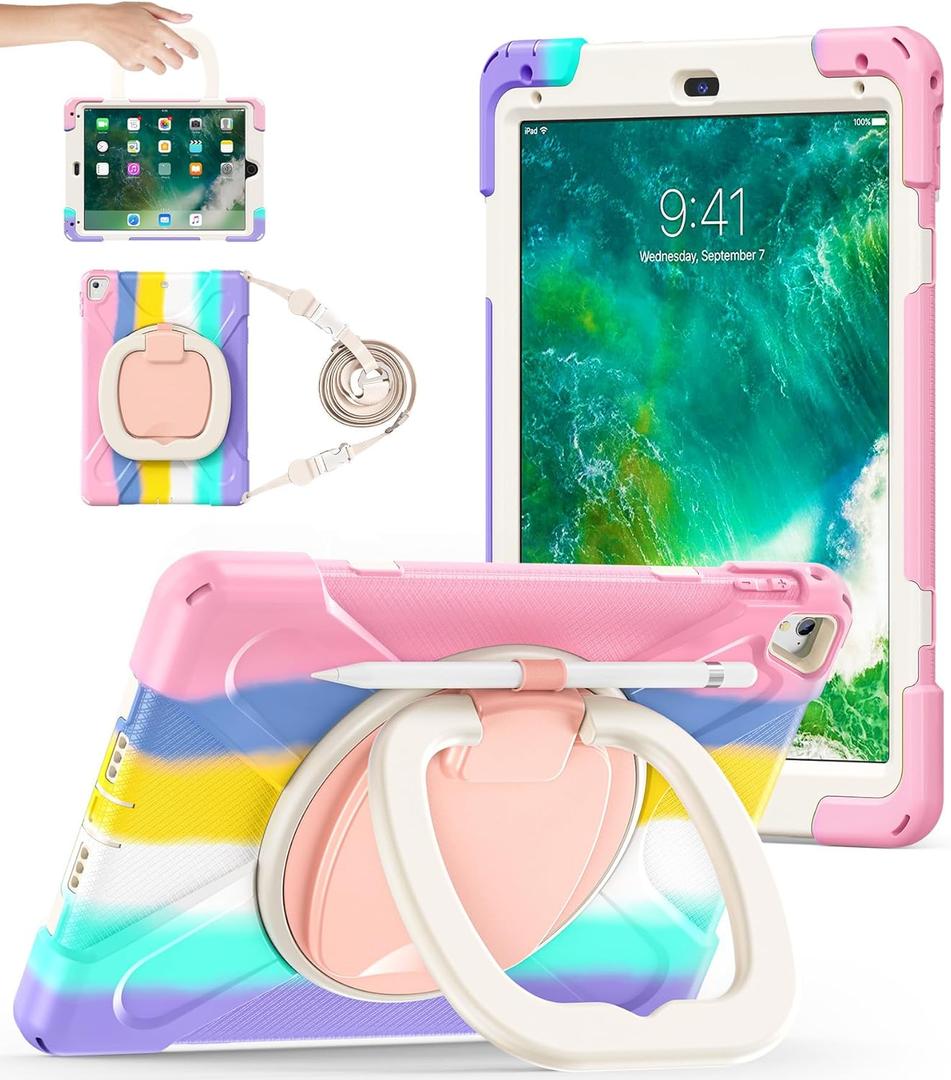 BATYUE Case for iPad 6th Generation 9.7 inch 2018, iPad 5th Gen 2017, iPad Air 2/ iPad Pro 9.7'',Shockproof Protective Cover with Pencil Holder &Rotating Bracket &Shoulder Strap (A1-Ring Kickstand (Colorful Pink)