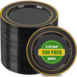 bUCLA 200PCS Black and Gold Plastic Plates - 6.25inch Black with Gold Rim Disposable Dessert/Salad/Appetizer/Small Cake Plates - Ideal for Party & New Year