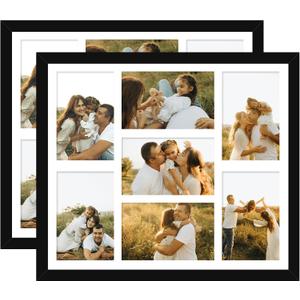 4x6 Picture Frame Collage for Wall, Display 7 Pcs 4x6 Photos with Mat or 12x14 Without Mat, 7 Opening Photo Frame for 4 x 6 Pictures with Shatter Resistant Plexiglass, White Mat, Black, 2 Pack