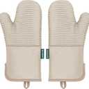 Beneno Kitchen Oven Mitts 2-Pack Heat Resistant to 500°F with Non-Slip Silicone Grip, Extra Long 14.3" Forearm Protection, Soft Quilted Cotton Terry Lining, Ideal for Cooking, Baking, Grilling, Beige