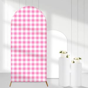 Pink White Gingham Arch Backdrop Covers, 6 Ft Pink Stretchy Arch Backdrop Stand Covers, Photography Background Plaid Arch Stand Covers for Wedding Birthday Baby Shower Party Decor