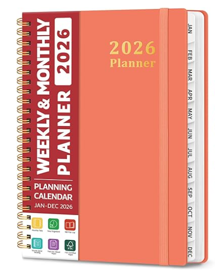 2026 Planner, Weekly and Monthly Calendar Planner, January 2026 - December 2026, Hardcover 2026 Calendar Book with Tabs For Women & Men, Inner Pocket, Spiral Bound, Perfect for Office Home School Supplies - A5 (6.3" x 8.5"), Orange