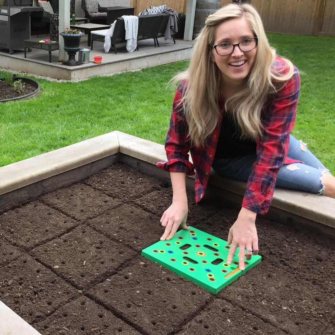 Seeding Square - Patented Seed and Seedling Spacer Tool for Bigger Harvests, Organized Plants & Fewer Weeds  Color-Coded Gardening Template with Magnetic Dibber, Ruler & Planting Guide