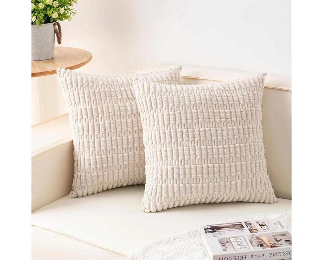 Pack of 2 Corduroy Decorative Throw Pillow Covers 18x18 Inch Soft Striped Pillow Covers Modern Farmhouse Home Decor for Sofa Living Room Couch Bed(Cream White)
