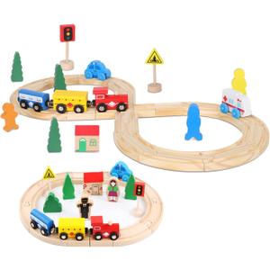Wooden Train Tracks Toys for Toddler, 33 Pieces Magnetic Train with Wooden Tracks Fits for Thomas, Brio, Chuggington, Melissa and Doug, Rail Set Toy Gifts for 3 4 5 Years Old Girls & Boys