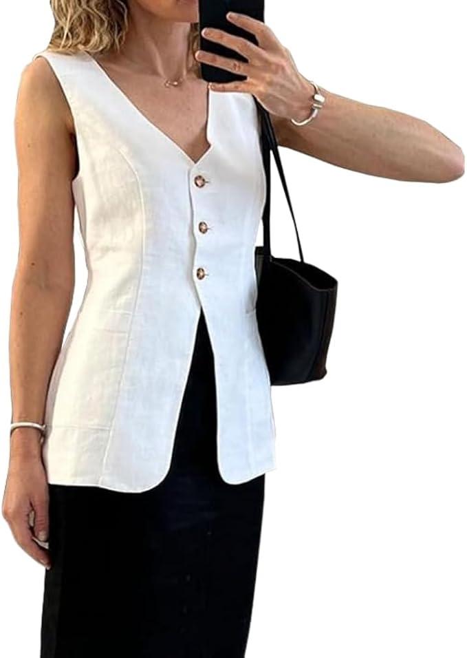 Melliflo Womens Summer Long Linen Vest Casual Sleeveless V Neck Button Down Tops Casual Summer Vest with Pocket, Size S