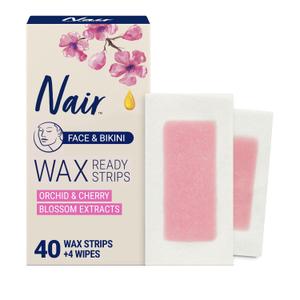 Nair Hair Remover Wax Ready Strips, Face and Bikini Hair Removal Wax Strips, Orchid and Cherry Blossom Extracts, Dermatologist Tested, Plus 4 Non-Flushable Post Wipes, 40 Count