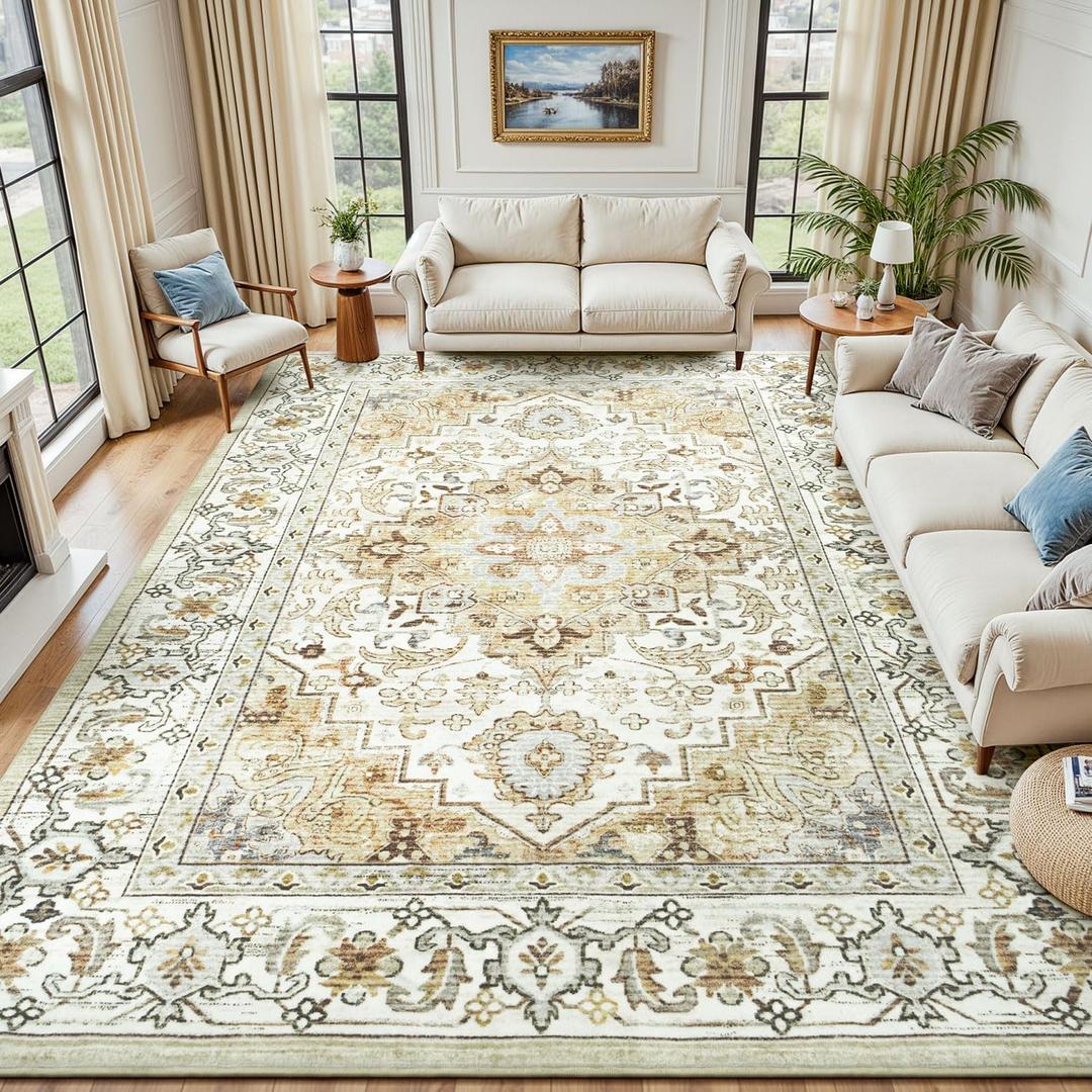 Lessymo 8 x 10 Area Rugs for Living Room, Machine Washable Area Rugs Boho Faux Wool Low Pile Area Rug for Bedroom, Floral Medallion Vintage Rugs with Non-Slip Rubber, Kid & Pet Friendly,Beige