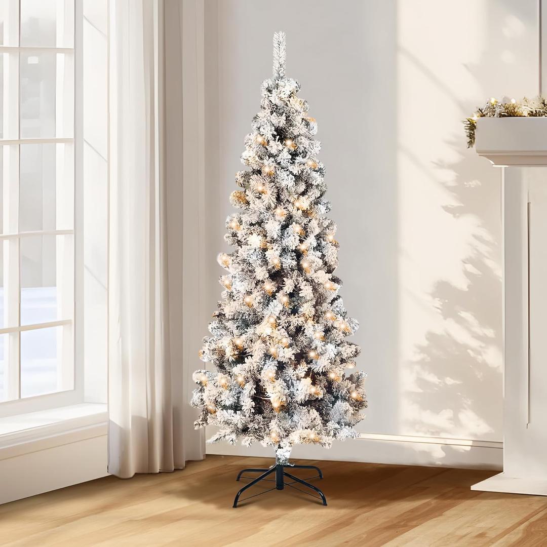 Annecy 4Ft Pre-Lit Flocked Pencil Christmas Tree, Artificial Fir Snow Slim Skinny Christmas Tree for Home, Office, Party Decoration w/ 307 Tips, 100 Warm White & Multi-Color Lights, Metal Hinges&Base