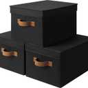 StorageWorks Large Storage Bins with Lids, Decorative Storage Boxes with Lid and PU Handles, Foldable Storage Baskets for Closet, Shelves, Stackable, Black, 3-Pack