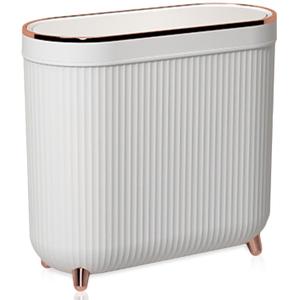 Yatmung Small Bathroom Trash Can with Lid - Slim Decorative Garbage Can - Press-Top Trash Bin for Bedroom, Home Office, Narrow Space, Plastic - 12 Liter Waste Paper Basket - White with Rose Gold Legs
