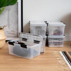 IRIS USA WeatherPro 19 Qt Storage Bins with Lids, 4 Pack, BPA-Free Plastic Gasket Box with Tight Latch and Seal, Stackable Nestable Tote Tub - Clear/Black