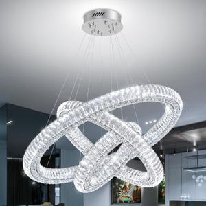 3 Ring Crystal Chandelier for Living Room High Ceiling Chandeliers for Foyer LED Dimmable Chandelier 3000-6000K Silver D32''+D24''+D16''