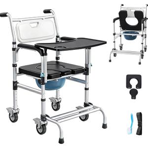 4 in 1 Rolling Bedside Commode Chair w/Wheels for Elderly, Shower Chair w/Handles for Height Raised Toilet Seat for Seniors, Disabled & Pregnant Holds Up to 350 lbs