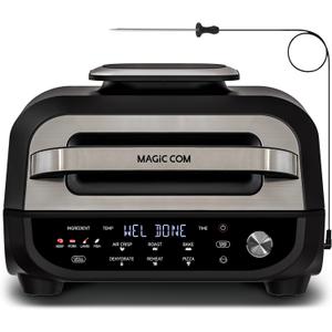 MAGiC COM Indoor Grill Air Fryer Combo, 7-in-1 Electric Grill with Steak, Roast, Air Crisp, Bake, Dehydrate, Pizza and Reheat. Smart Thermometer, Non-Stick, Dishwasher Safe/Black
