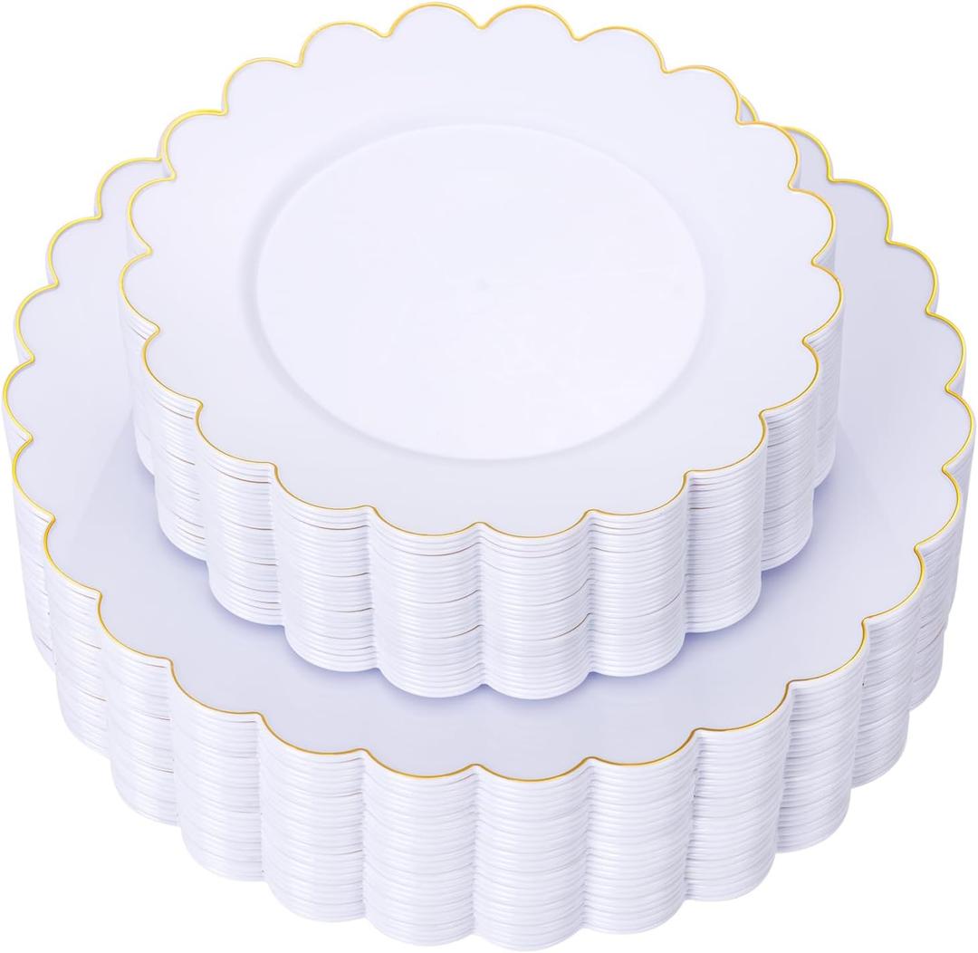 LIYH 60 Pcs Gold White Plastic Plates Scalloped Disposable Combo Includes 30 Dessert & 30 Dinner Plates for Monthers Day Birthday Wedding Party
