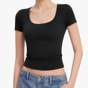 PUMIEY Women's T Shirts Short Sleeve Scoop Neck Basic Going Out Tops Fashion Slim Fit Tee Smoke Cloud Pro Collection Size S
