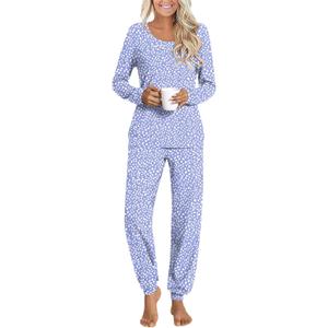 HOTGIFT Womens Pajamas Sets, 2 Piece Lounge Pjs Set Long Sleeve Long Pant Ladies Sleepwear with Pockets Spot Blue XX-Large