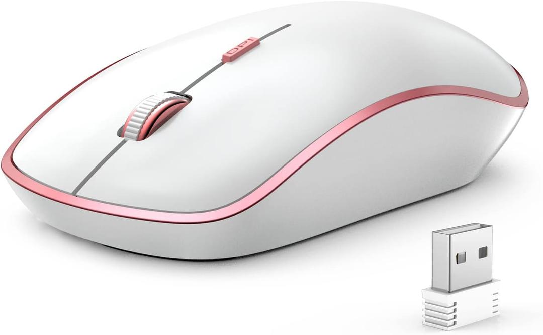 2 x JOYACCESS Wireless Mouse for Laptop - Ultra Thin, Silent, 2400 DPI Portable Optical Mouse for Laptop,Computer,MacBook,Windows, Chromebook, PC (White + Pink) (Pink and Silver)