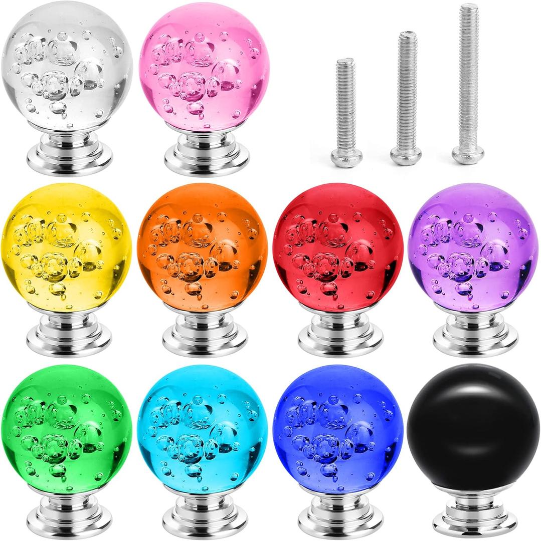 10 PCS Colorful Cabinet Knobs Round Glass Bubbles Knobs 30mm Smooth Drawer Pulls Handle for Home, Cabinet, Drawer and Dresser with 3 Different Size Screws