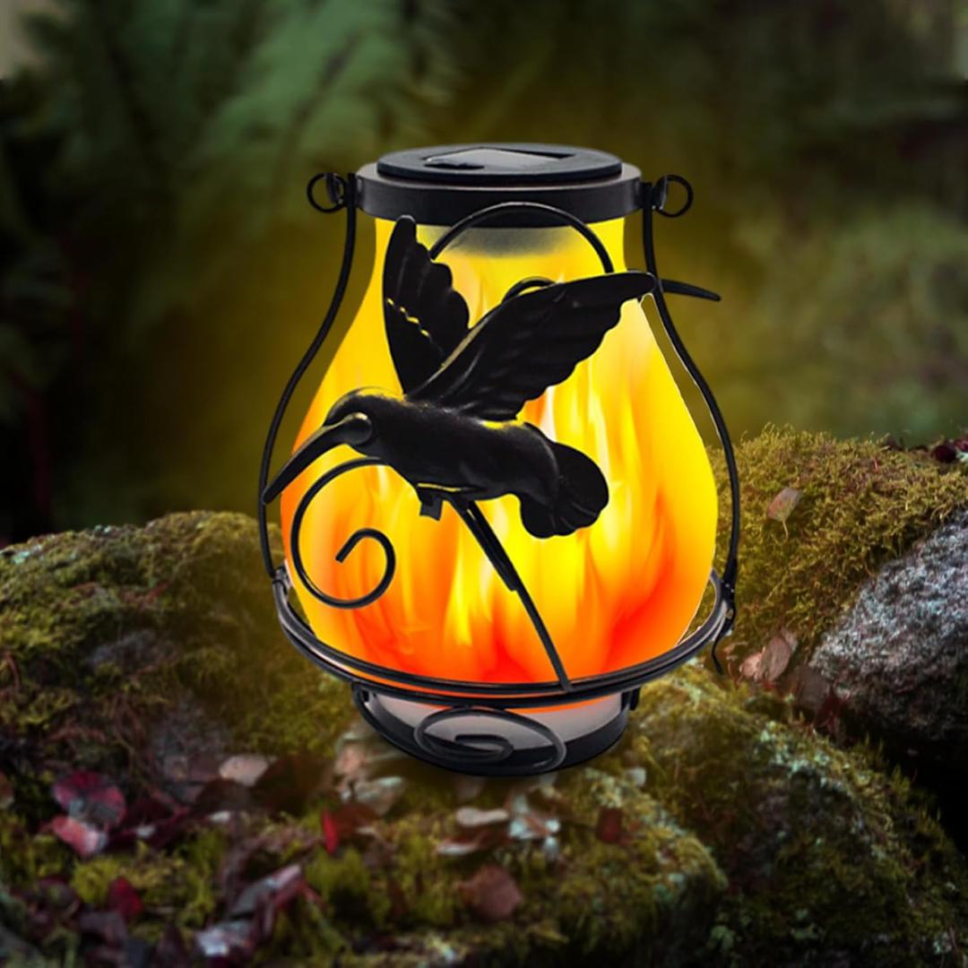 Solar Lanterns, Outdoor Hanging Solar Vintage Metal Hummingbird Lantern, Landscape Light with LED Flickering Flameless Candles, Kerosene Lights for Garden Yard Festive Decoration (2 PCS - Hummingbird)