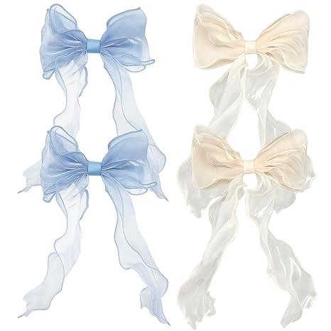 8 PACK Light Blue and Champagne Big Ribbon Hair Bows,Large Hair Accessories,Oversized Long-tail Hair Clips for Women and Girls Hair Styling Accessories.