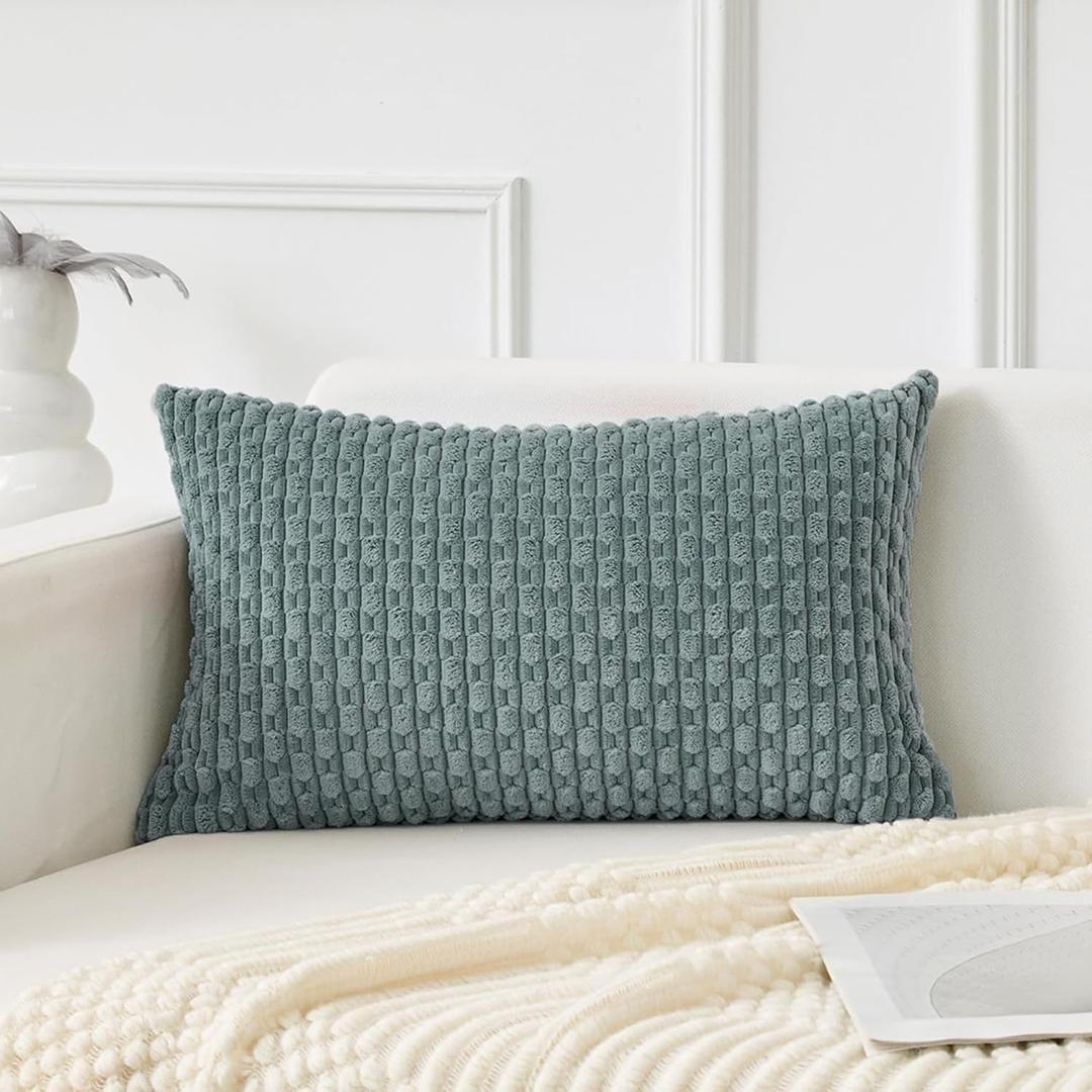 Kevin Textile 14x22 Inch Pillow Cover 1 Pack Boho Decorative Soft Striped Corduroy Lumbar Farmhouse Color Accent Rectangle Cushion Case for Living Room Couch Sofa Bed, Teal Green