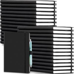 Laumoi 28 Pack PU Leather Lined Notebook Journal Bulk A5 Hardcover Notebook College Ruled 5.5 x 8.2 Inch Journal with Pen Holder for School Business Work Writing(Black,Simple)