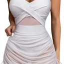 SUUKSESS Women One Piece Swim Dress Tummy Control Swimsuit Mesh Bathing Suit M, White