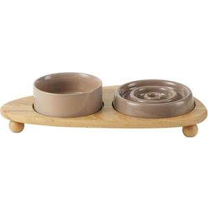 Ceramic Slow Cat Feeder Bowl, Raised Slow Cat Food Bowl, Elevated Cat Water Bowl with Wooden Stand, Pet Slow Feeder Bowl, Circle Shape. (2 x Bowl with Stand - Brown Coffee, 6inch)