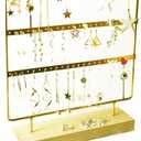 lemonadeus Earring Holder for Hanging Earrings Earring Stand Tree Display Stand Ear Stud Holder Jewelry Tower with Wooden Tray Dish (Gold66 Holes 3 Tier)