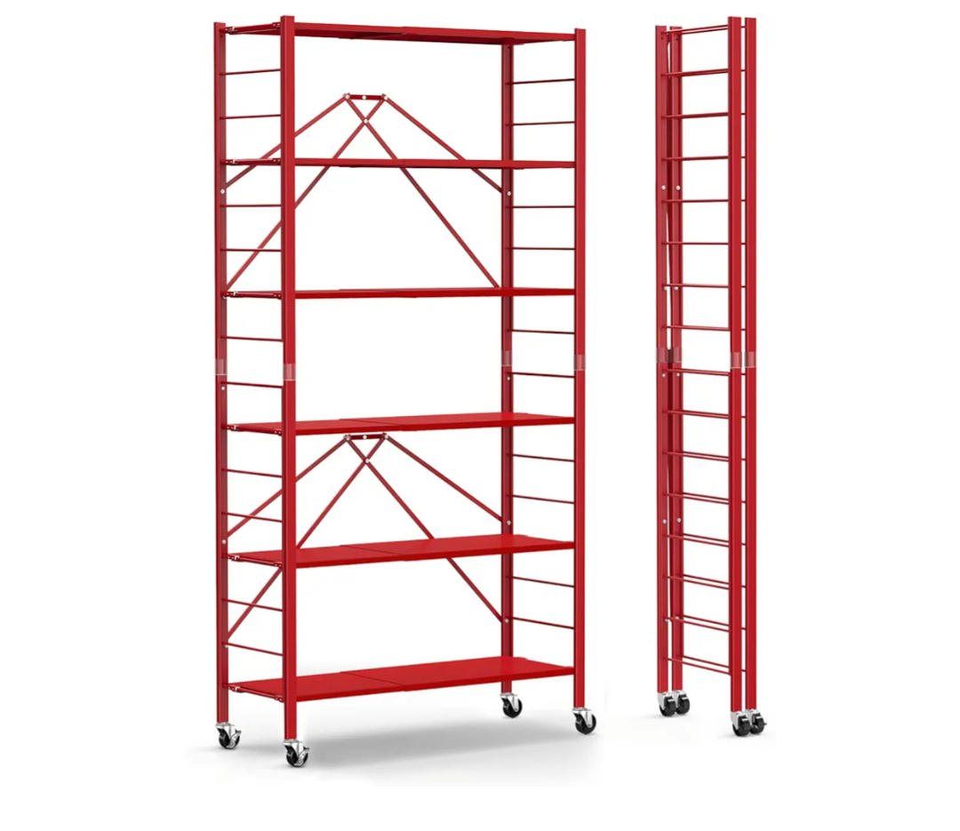 Himix 6 Tier Foldable Storage Shelves, Expandable Folding Bookshelf with Wheels, Changeable into 2 Shelf Units, Collapsible Adjustable Storage Rack Metal Shelves for Garage Kitchen, Basement, Red
