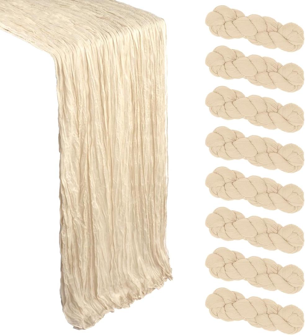8 Pack Beige Cheesecloth Table Runner 10Ft Spring Gauze Cheese Cloth Table Runner 120 Inch Boho Sheer Rustic Fabric for Holiday Decor Bridal Baby Shower Wedding Home Decorations Beige, 8 Pcs - 10Ft