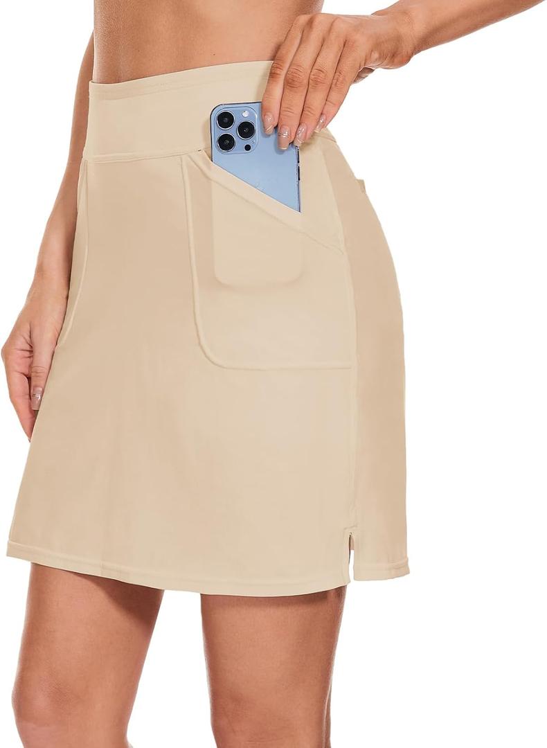 M MOTEEPI Skorts for Woman 18" Golf Athletic Skirts with Pockets High Waist Tennis Skirt (Beige)