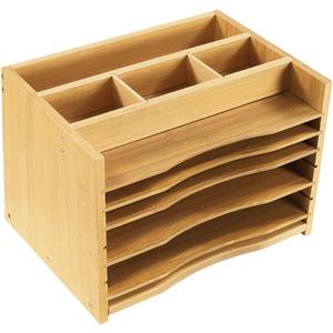 WKWKER 5-Tiers Bamboo File Organizer Paper Organizer Mail Sorter Document Letter Trays Desk Organizer with 4 Dividers for Office Home Study Desk Storage (Natural Color)