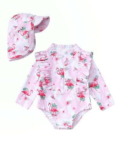 SUNNY PIGGY Baby Girl Swimsuit Long Sleeve One Piece Ruffle Zipper Bathing Suit Guard Rash for Toddler Girls Summer Swimwear with Hat Flamingo-Pink, Size 18-24M